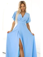 dlouhé šaty s rozparkem na rukávy a výstřihem MODRÉ model 20959370 - numoco