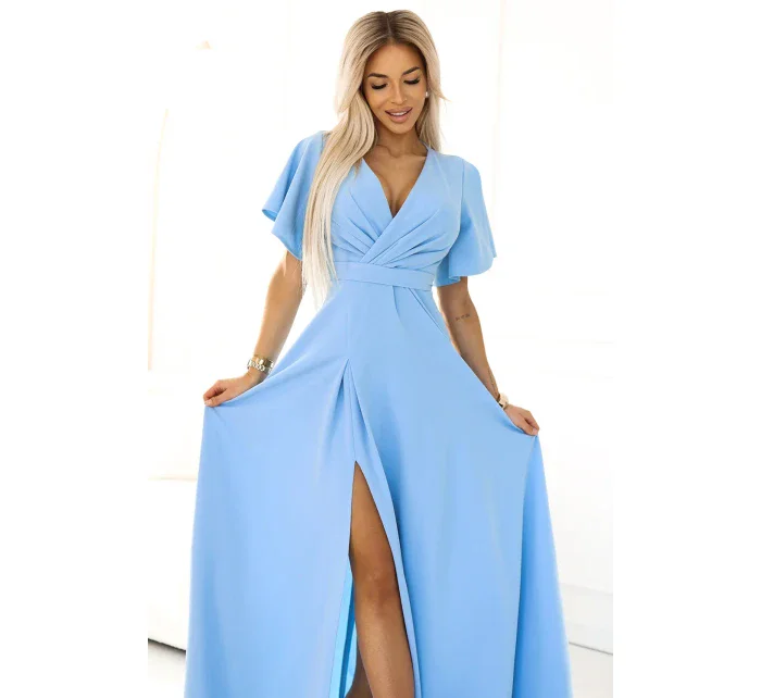 dlouhé šaty s rozparkem na rukávy a výstřihem MODRÉ model 20959370 - numoco