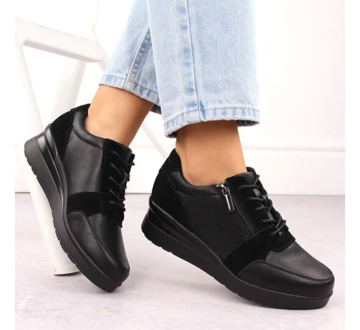 Černé dámské kožené tenisky na podpatku Sergio model 21904571 - LEONE