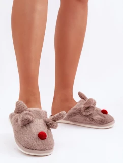 Futrzane Kapcie Damskie Z Motywem Renifera Ciemnobeżowe Sennalith