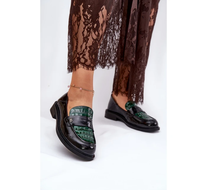 Lakierowane Skórzane Mokasyny Damskie Vinceza 91125 Zielono-Czarne