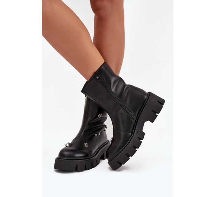 Ocieplane Botki Damskie Na Zamek Z Ozdobami Czarne Thavira Ocieplane Botki Damskie Na Zamek Z Ozdobami Czarne Thavira