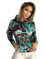 Dámska mikina s tyrkysovo-hnedým mramorovým vzorom as kapucňou 390-2