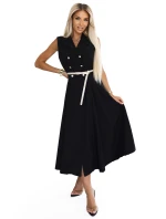 model 21212554 Elegantní midi košilka se zlatými knoflíky a páskem ČERNÁ - numoco basic model 21212554 Elegantní midi košilka se zlatými knoflíky a páskem ČERNÁ - numoco basic