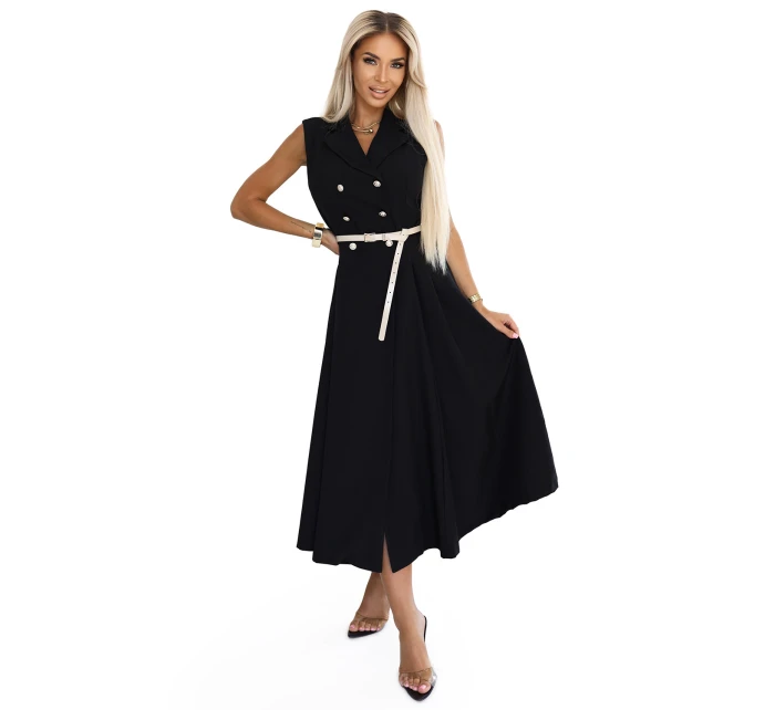 model 21212554 Elegantní midi košilka se zlatými knoflíky a páskem ČERNÁ - numoco basic model 21212554 Elegantní midi košilka se zlatými knoflíky a páskem ČERNÁ - numoco basic