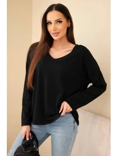 Dámska bavlnená blúzka s výstrihom do V a dlhými rukávmi čierna