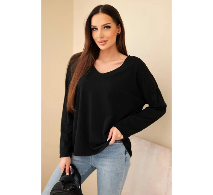 Dámska bavlnená blúzka s výstrihom do V a dlhými rukávmi čierna