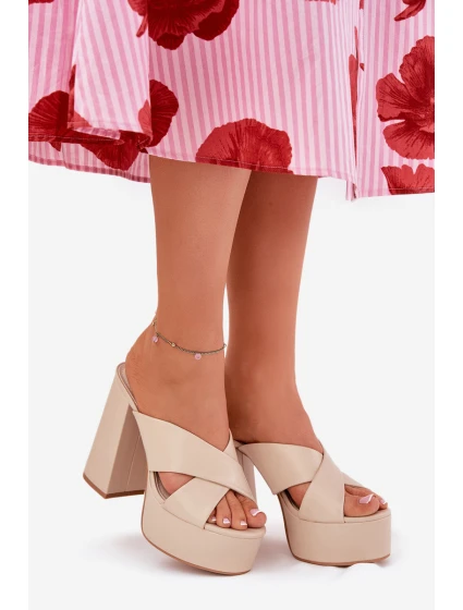 Klapki Damskie Na Platformie I Słupku Beżowe Lenobos