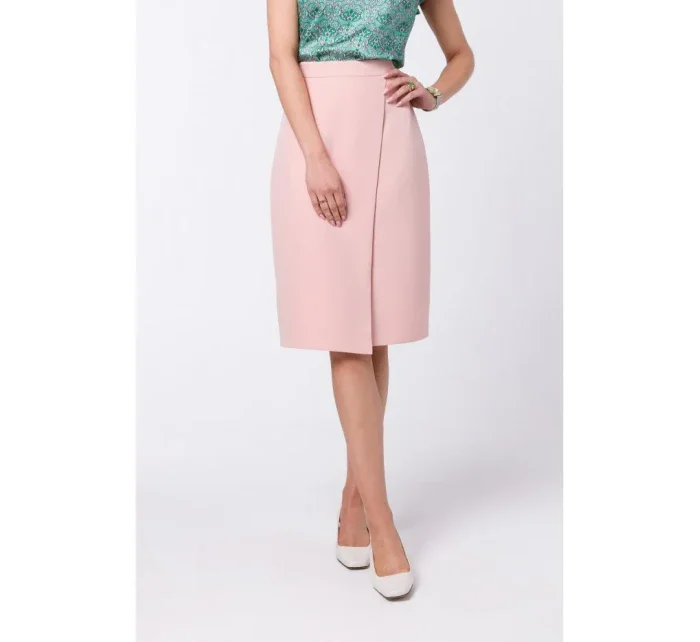 S343 Sukňa áčkového strihu so zavinovacími detailmi - púdrová