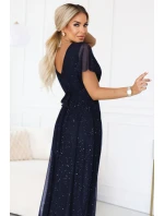 dlouhé lesklé šaty s výstřihem a krátkými rukávy tmavě modré model 21777396 - numoco basic