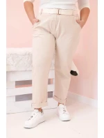 Dámské bavlněné kalhoty Plus Size s páskem světle béžová Dámské bavlněné kalhoty Plus Size s páskem světle béžová