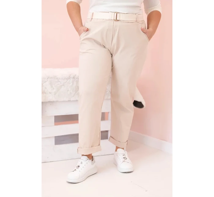 Dámské bavlněné kalhoty Plus Size s páskem světle béžová Dámské bavlněné kalhoty Plus Size s páskem světle béžová