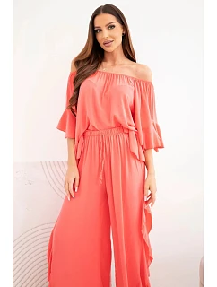 Dámský viskózový boho komplet s volány korálová