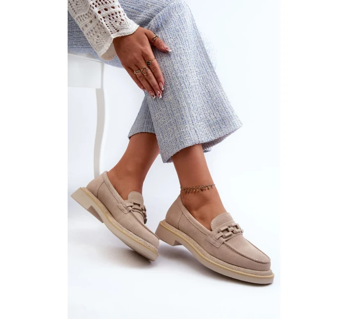 Dámske semišové mokasíny na podpätku s béžovým zdobením D&A Dámske semišové mokasíny na podpätku s béžovým zdobením D&A