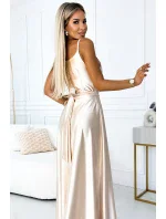 Elegantní dlouhé béžové dámské saténové šaty s výstřihem a rozparkem na noze model 19405276 - numoco