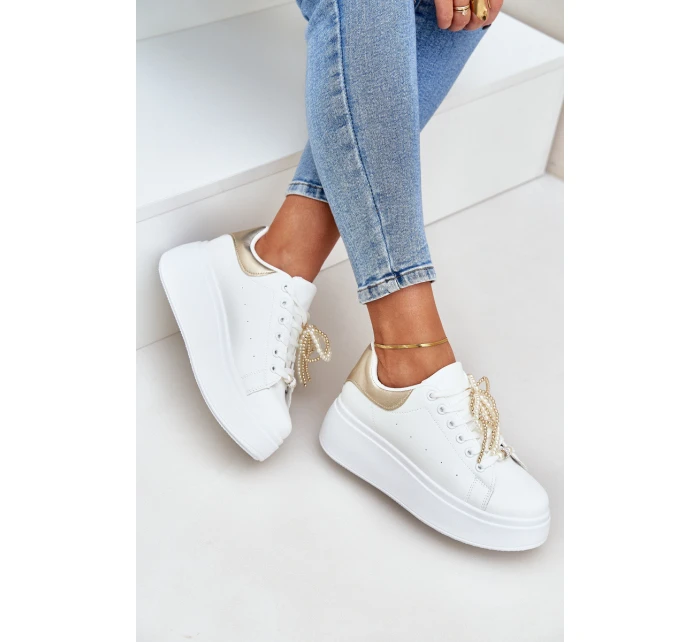 Sneakersy Damskie Na Platformie Z Ozdobami Biało-Złote Lerissna