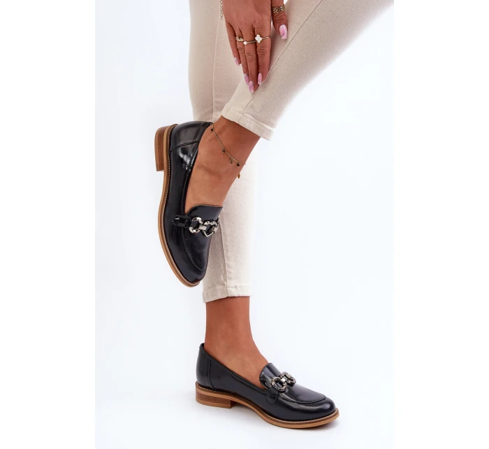 Skórzane Damskie Lakierowane Mokasyny Laura Messi 2760 Granatowe