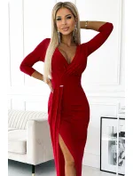 404-7 Dlhé trblietavé šaty s výstrihom a rozparkom na nohách - ČERVENÉ s trblietkami 404-7 Dlhé trblietavé šaty s výstrihom a rozparkom na nohách - ČERVENÉ s trblietkami