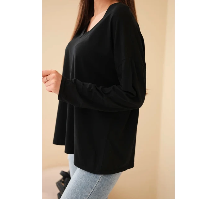 Dámska bavlnená blúzka s výstrihom do V a dlhými rukávmi čierna