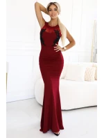 617-2 Dlhé šaty s čiernou čipkou a sieťovinou - bordové