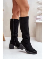 Zateplené kozačky na podpatku eko semišové nad koleno černé model 21675737 - Boto