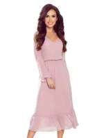 Dámske šifónové midi šaty vo špinavo ružovej farbe s výstrihom a volánikom 304-1 Dámske šifónové midi šaty vo špinavo ružovej farbe s výstrihom a volánikom 304-1