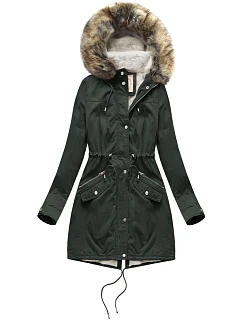 Dámská zimní bunda parka v army barvě s kožešinovou podšívkou a s kapucí model 21242006 - Libland