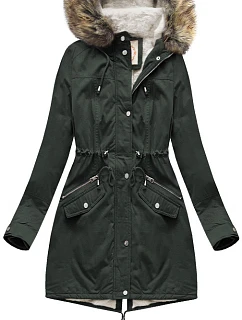 Dámská zimní bunda parka v army barvě s kožešinovou podšívkou a s kapucí model 21242006 - Libland
