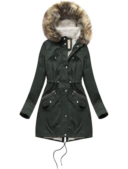 Dámska zimná bunda parka v army farbe s podšívkou z machovej kožušiny a kapucňou (7602BIG) Dámska zimná bunda parka v army farbe s podšívkou z machovej kožušiny a kapucňou (7602BIG)