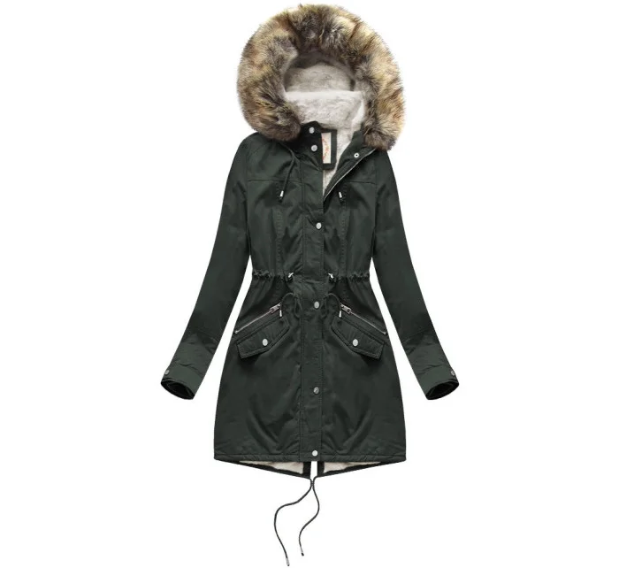 Dámska zimná bunda parka v army farbe s podšívkou z machovej kožušiny a kapucňou (7602BIG) Dámska zimná bunda parka v army farbe s podšívkou z machovej kožušiny a kapucňou (7602BIG)