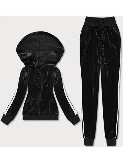 Čierny velúrový teplákový komplet s lampasmi (YP-9964)