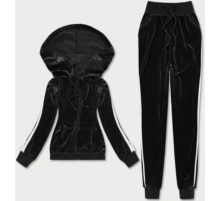 Čierny velúrový teplákový komplet s lampasmi (YP-9964)