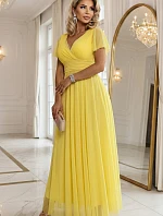 562-8 NASTIA Dlhé šaty so srdiečkovým výstrihom, podšívkou a krátkymi rukávmi - citrónové limoncello