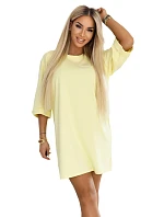 666-2 Bavlněné volné oversize šaty s krátkými rukávy - máslově žluté
