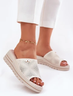 Skórzane Klapki Damskie Na Koturnie Vinceza 41477 Beżowe