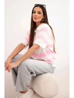 Dámský pruhovaný svetr s límcem a krátkým rukávem ecru Dámský pruhovaný svetr s límcem a krátkým rukávem ecru