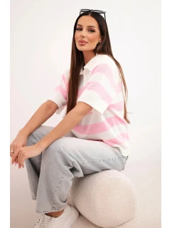 Dámský pruhovaný svetr s límcem a krátkým rukávem ecru