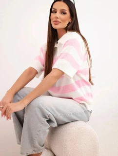 Dámský pruhovaný svetr s límcem a krátkým rukávem ecru