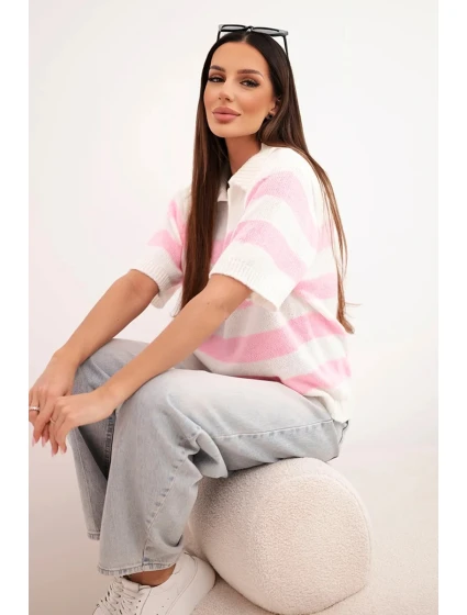 Dámský pruhovaný svetr s límcem a krátkým rukávem ecru Dámský pruhovaný svetr s límcem a krátkým rukávem ecru