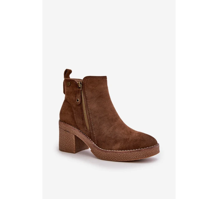 Ocieplane Botki Damskie Na Słupku Z Eko Zamszu Ciemnobrązowe Velarilla