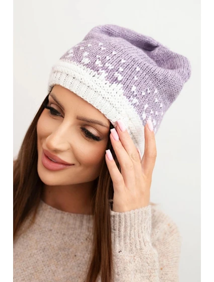Dámska zimná vlnená čiapka s geometrickým vzorom K477 fialová + biela