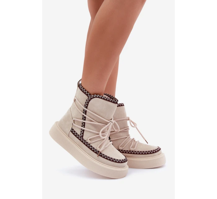 Śniegowce Damskie Z Haftem Na Platformie Jasnobeżowe Naleris