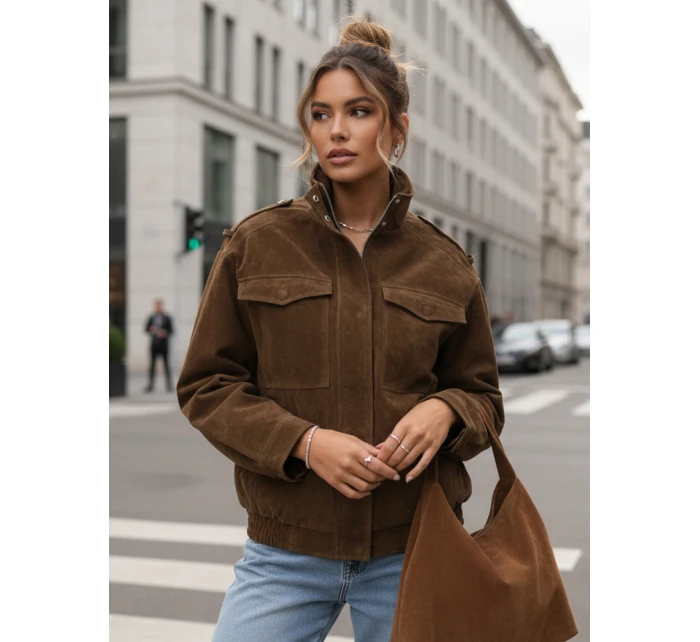 Dámska semišová bunda / bomber TY5578 Tmavo hnedá - Fashion Street