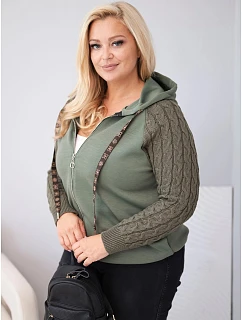 Dámská bavlněná mikina Plus Size s pletenými rukávy a kapucí khaki