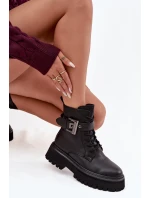 Skórzane Botki Workery Damskie Ocieplane Z Ozdobną Klamrą D&A MK52-032 Czarne Skórzane Botki Workery Damskie Ocieplane Z Ozdobną Klamrą D&A MK52-032 Czarne