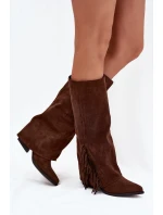 Dámske kovbojské čižmy Zalia s strapcami na podpätku - hnedé Dámske kovbojské čižmy Zalia s strapcami na podpätku - hnedé
