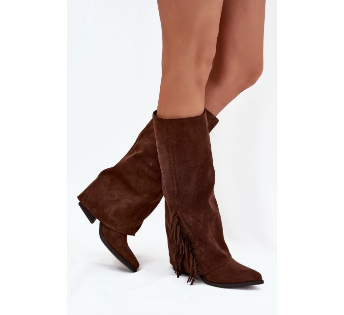 Dámske kovbojské čižmy Zalia s strapcami na podpätku - hnedé Dámske kovbojské čižmy Zalia s strapcami na podpätku - hnedé