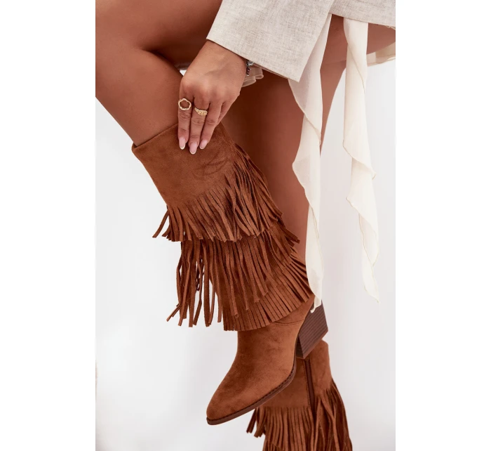 Dámske zateplené kovbojské čižmy so strapcami Brivina - camel Dámske zateplené kovbojské čižmy so strapcami Brivina - camel