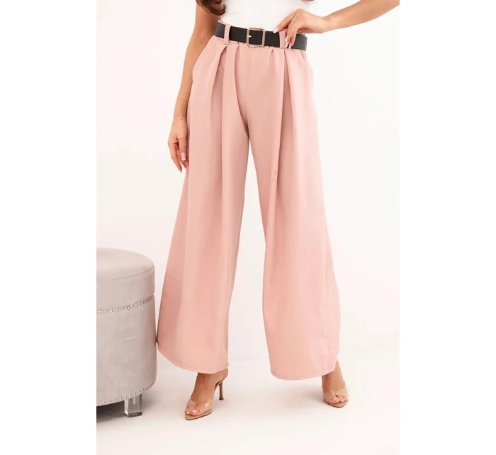 Dámske nohavice so širokými nohavicami a opaskom tmavo púdrovo ružovej farby