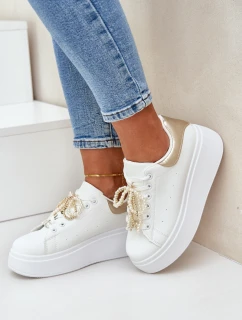 Sneakersy Damskie Na Platformie Z Ozdobami Biało-Złote Lerissna